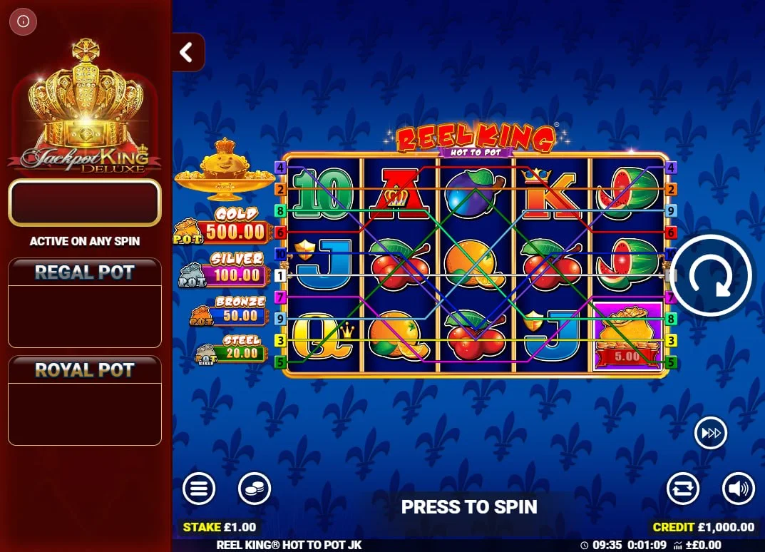 Reel King Hot To Pot JK main 5x3 grid showing fruit symbols and the Jackpot King Deluxe sidebar with Regal and Royal pot values.