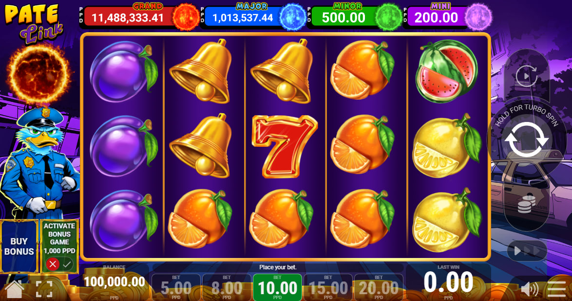 Regal Spins 10 Pate Link main game screen showing 5 reels with bells and fruit symbols under four progressive jackpot displays.