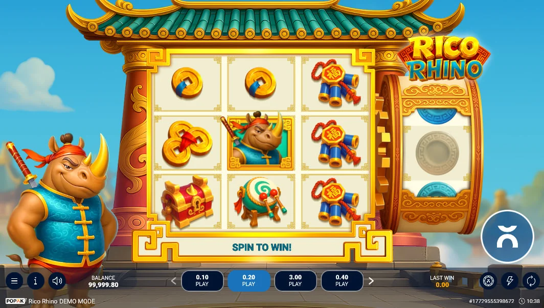 Rico Rhino slot 3x3 grid showing coins and drums symbols next to a side multiplier reel providing win boosts for players.