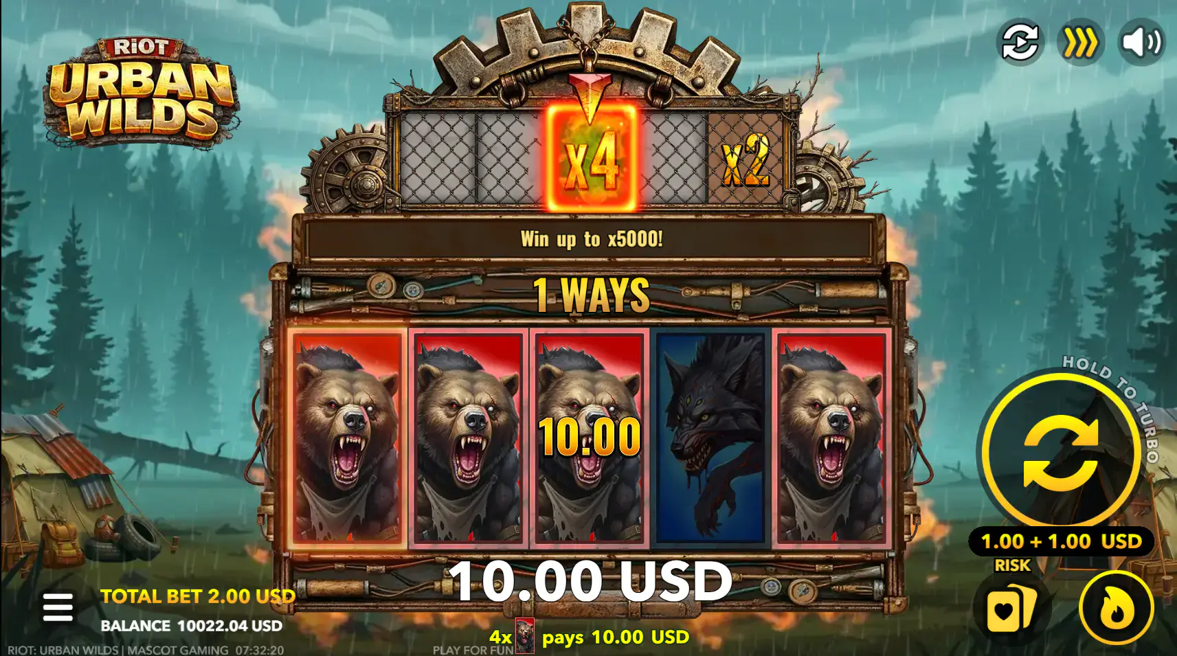 Riot Urban Wilds gameplay with the additional multiplier reel active above the main reels
