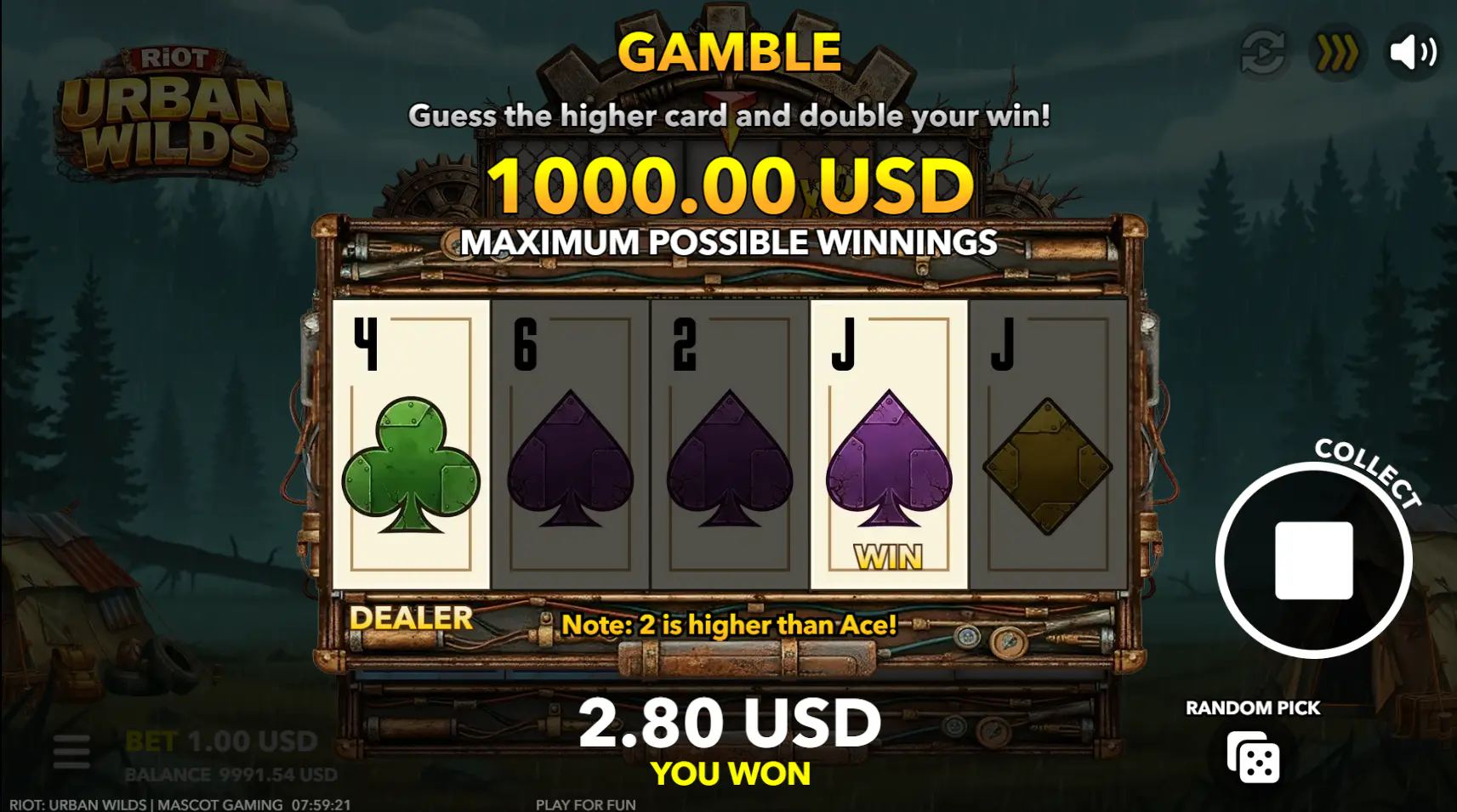 Riot Urban Wilds win screen with the Risk Gamble prompt and post-win decision