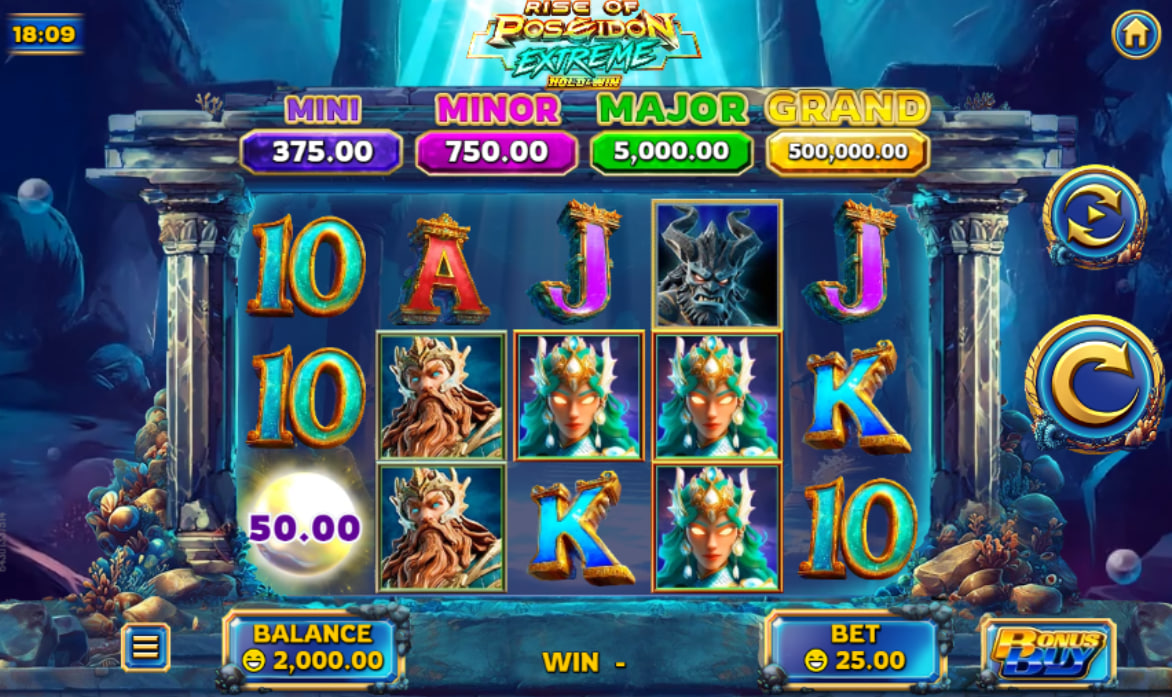 Rise of Poseidon Extreme slot main grid showing Greek letter symbols and the aquatic interface which is vital for monitoring the payline results.