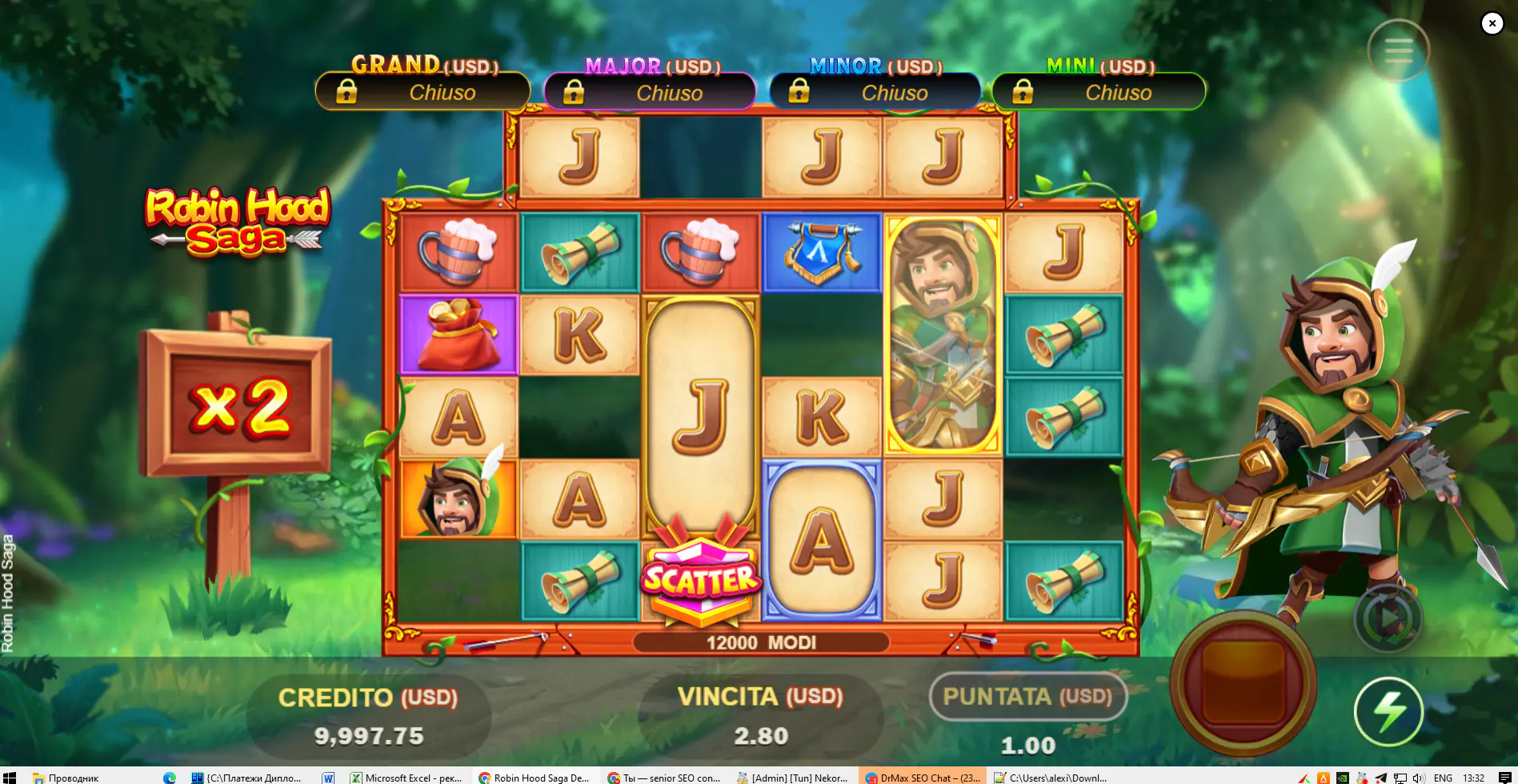 The full 6-reel game grid of Robin Hood Saga during base gameplay, showcasing the dynamic ways-to-win system for players to see the layout.
