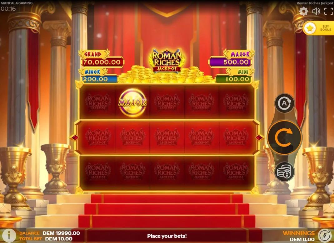 The main 5x3 grid of Roman Riches Jackpot showing the four fixed jackpot tiers and the luxurious Roman palace background for player immersion.