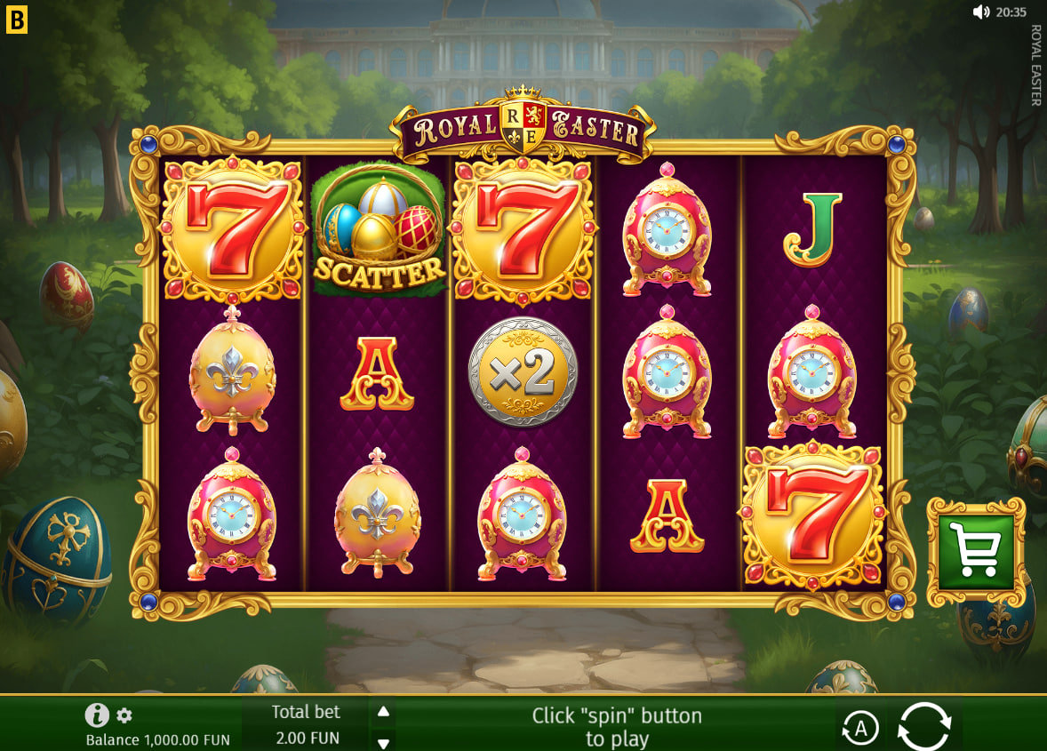 Full 6x5 grid of Royal Easter slot showing high-value Red 7s and ornate egg symbols in a garden setting for maximum visual clarity.
