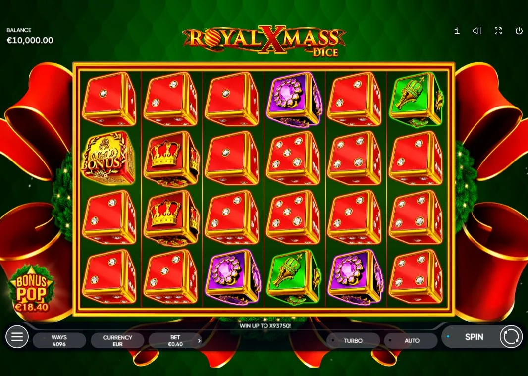 6x4 grid of Royal Xmass Dice slot showing red dice symbols and 4096 ways to win interface for player reference.