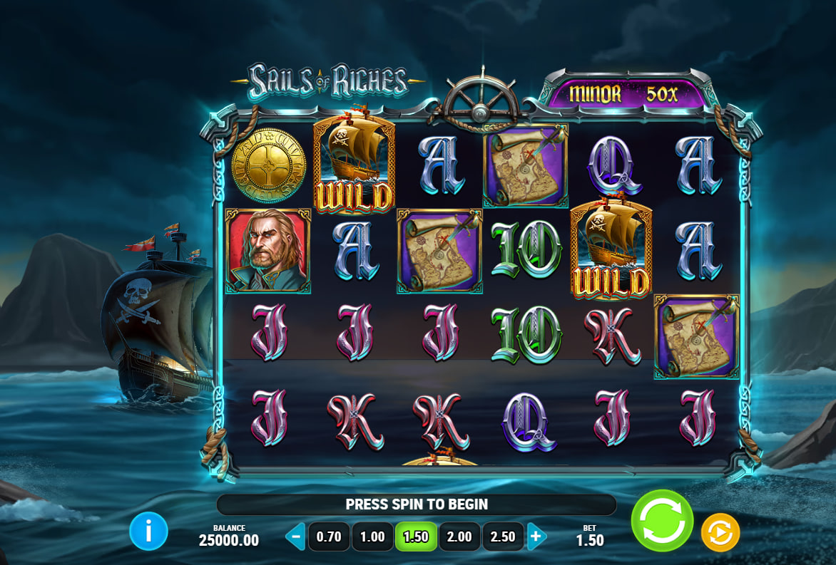 Main interface of Sails of Riches slot showing 6 reels and the pirate ship background for player immersion.