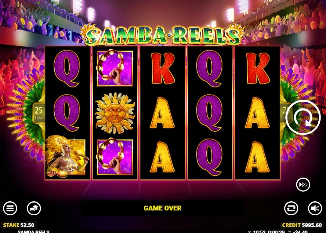 Full 5-reel grid of Samba Reels slot showing Sun and royal symbols in a carnival setting, highlighting the base game layout for players.