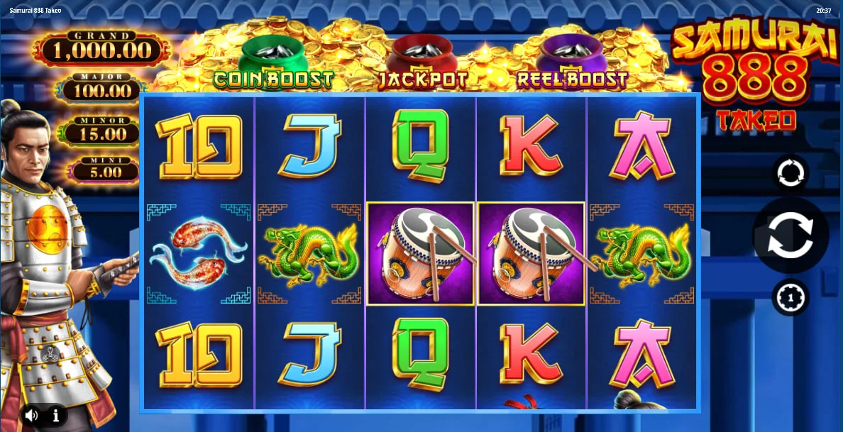 Samurai 888 Takeo base game screen showing the 5x3 reel set and the three colored bonus pots for player tracking.