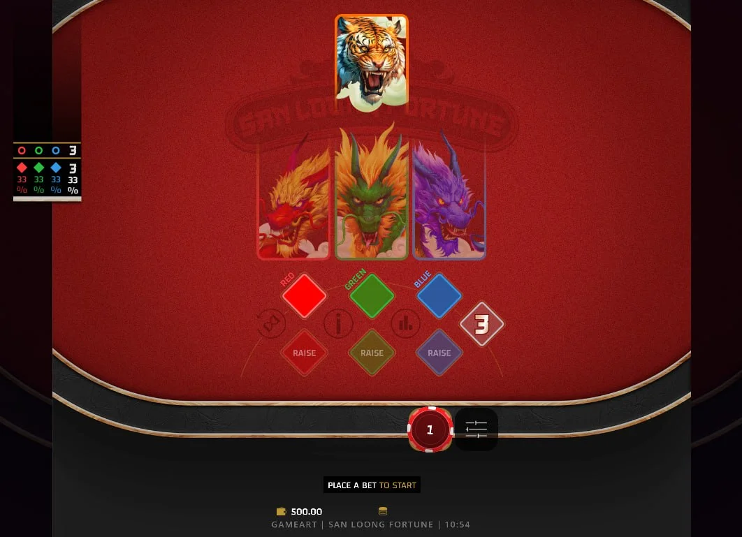 San Loong Fortune main game table showing Red Green and Blue Dragon fields against the Tiger for card comparison.