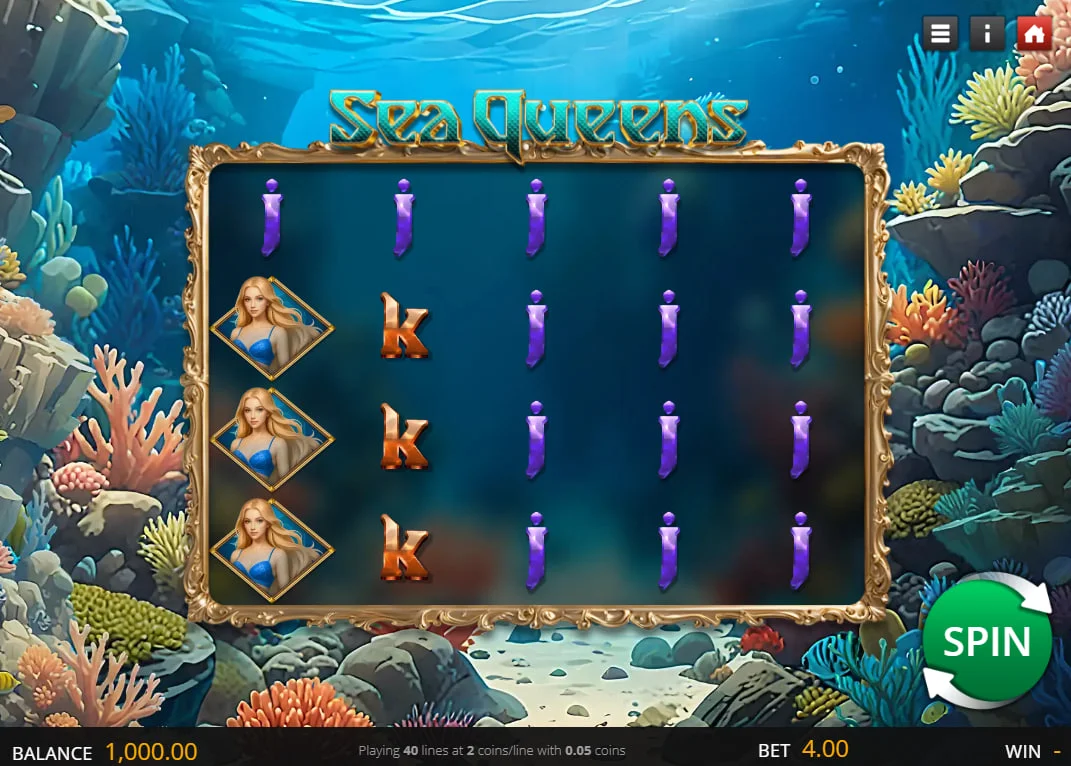 Sea Queens slot main game screen showing 5x3 reels with mermaid symbols and underwater coral reef background for a clear view of the aquatic theme.