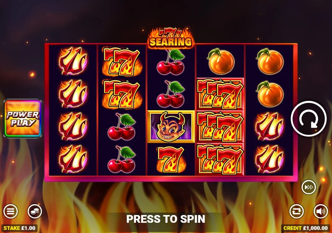 Searing 7's slot main grid displaying a 5x4 layout with red sevens and fruit symbols showing the basic winning structure for the player.