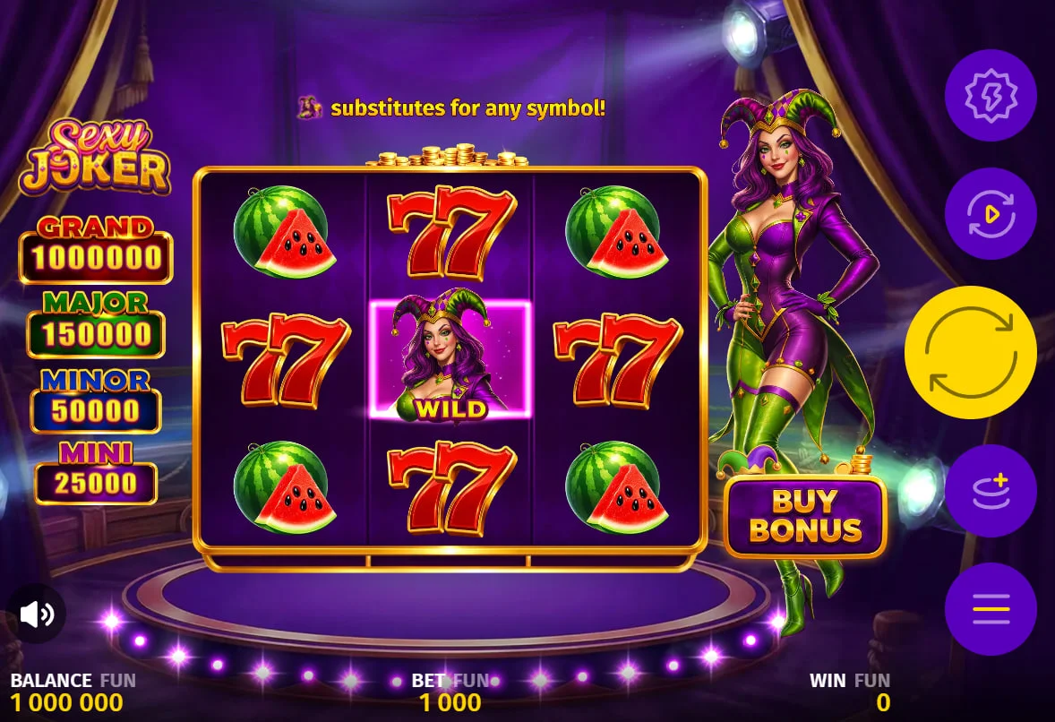 3x3 grid of Sexy Joker slot showing the Grand and Major jackpot values on the left sidebar to inform players about potential prizes.