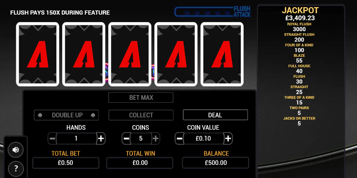 Sigma Flush Attack main game screen with paytable and jackpot meter, during regular play, showing the core payout structure for players