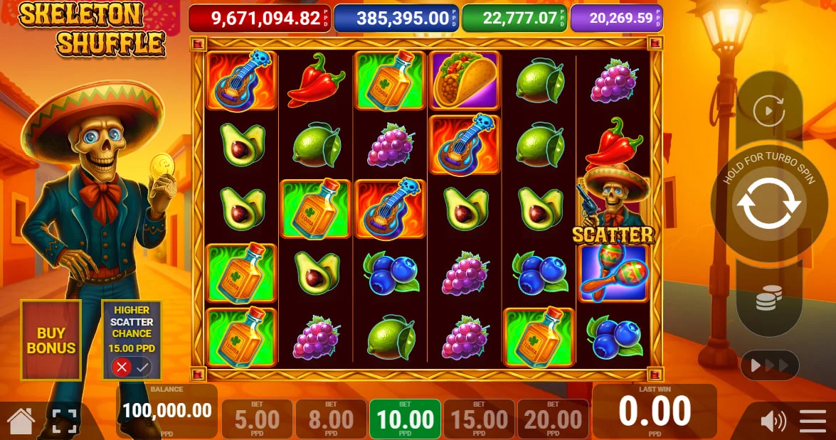 Skeleton Shuffle slot main grid on a 6x5 layout showing Pay Anywhere symbols and betting interface for player navigation.