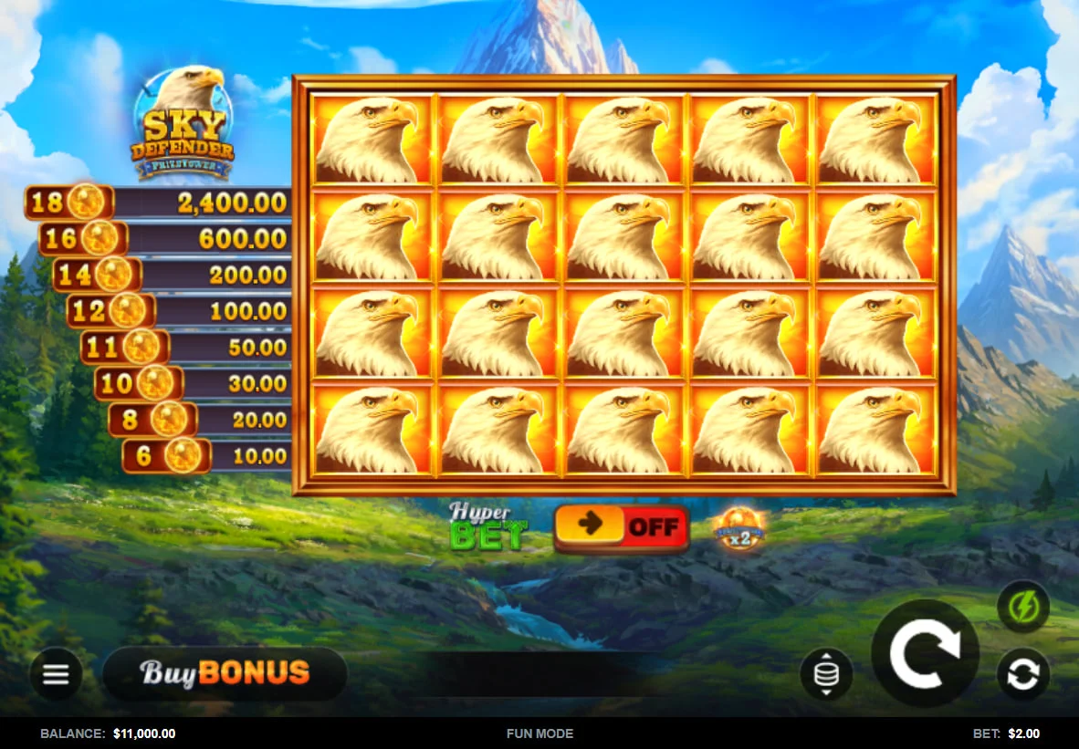 Full 5x4 grid of Sky Defender PrizeTower slot featuring eagle symbols and the Prize Tower payout ladder on the left for player tracking.