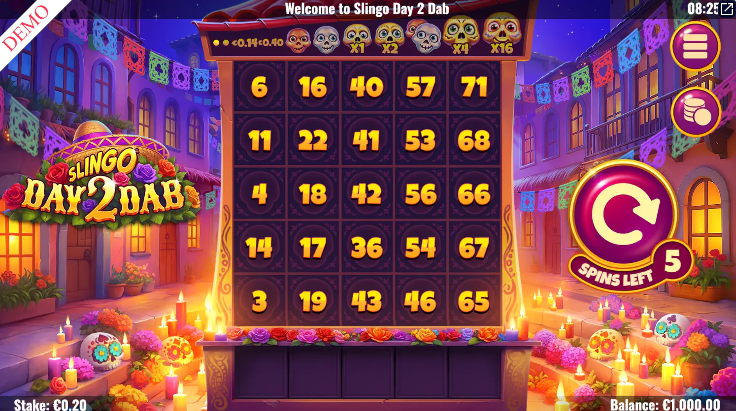 The main 5x5 game grid of Slingo Day 2 Dab, showing the number layout and festive background, which is essential for players to understand the core interface.