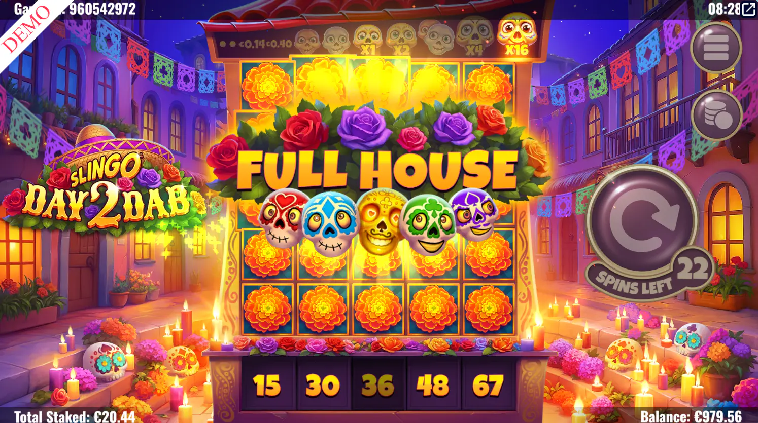 A 'Full House' celebration screen in Slingo Day 2 Dab, indicating all numbers on the grid have been dabbed, which triggers the highest level of the bonus feature.