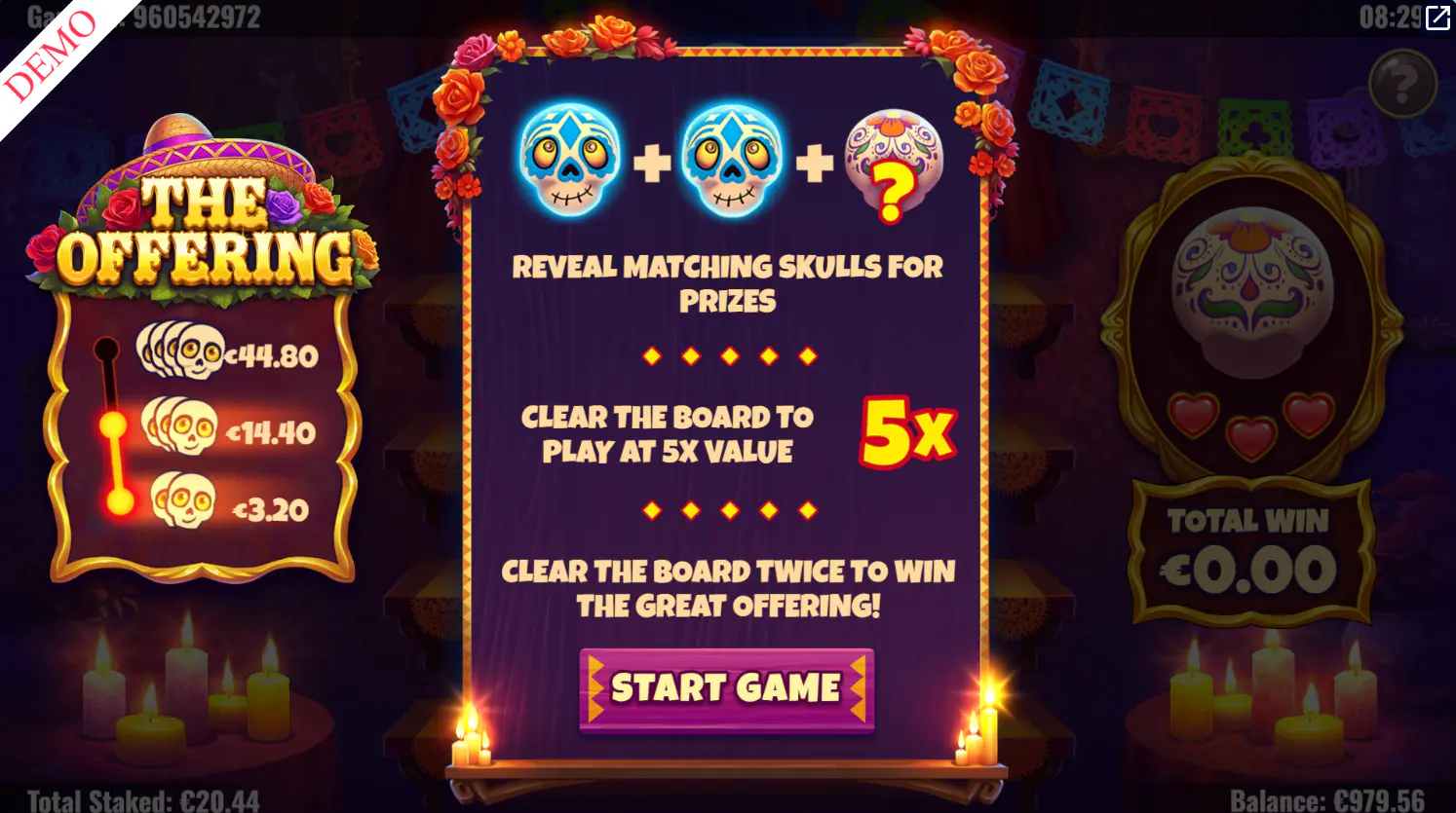 The pick-and-click interface of The Offering bonus in Slingo Day 2 Dab, showing the skull layout and life counter, representing the game's most lucrative feature.