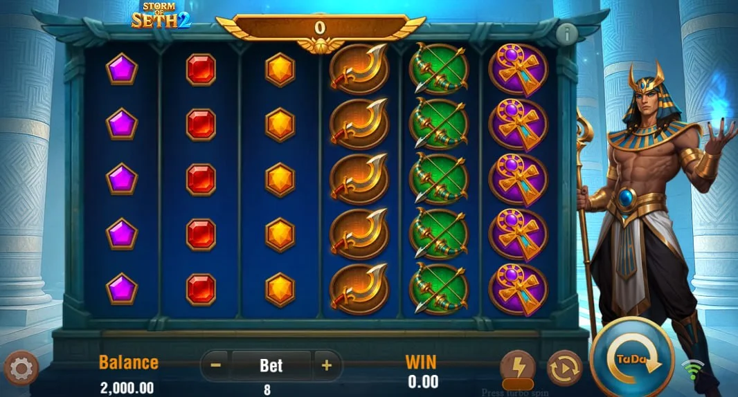 Storm of Seth 2 slot game interface featuring a 6x5 grid with Egyptian symbols and the deity Seth holding a glowing staff.