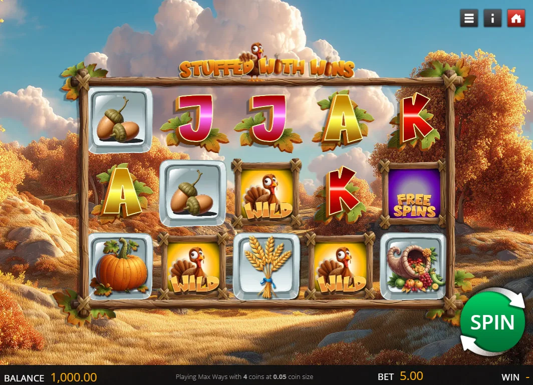 Stuffed with Wins slot main 5x3 grid showing cornucopia and pumpkin symbols in an autumn forest setting for potential way wins.