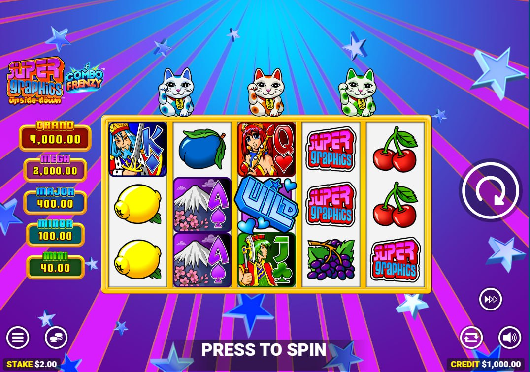 Main 5x3 grid of Super Graphics Upside Down Combo Frenzy slot showing fixed jackpots and vibrant symbols for player bankroll tracking.