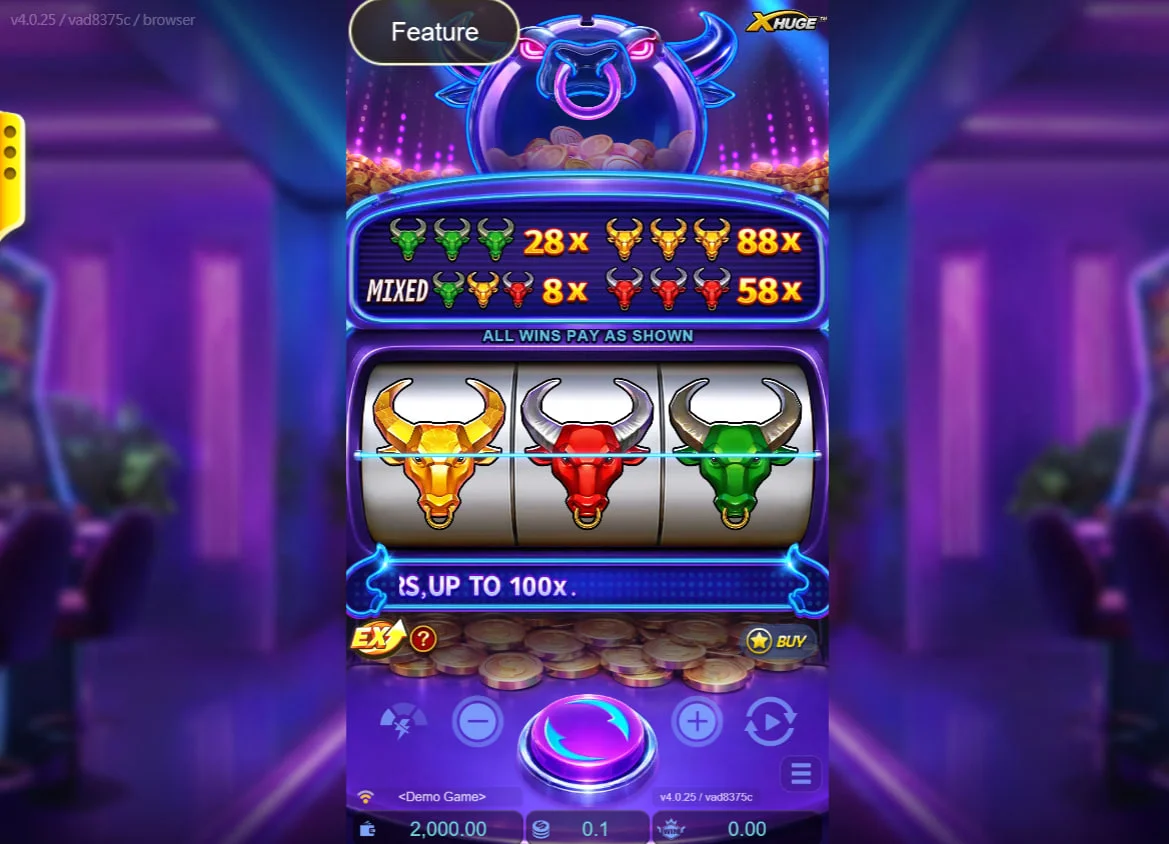 Three different bull symbols on the single payline of Super Niubi Fortune X-Huge slot showing the base game interface and paytable.