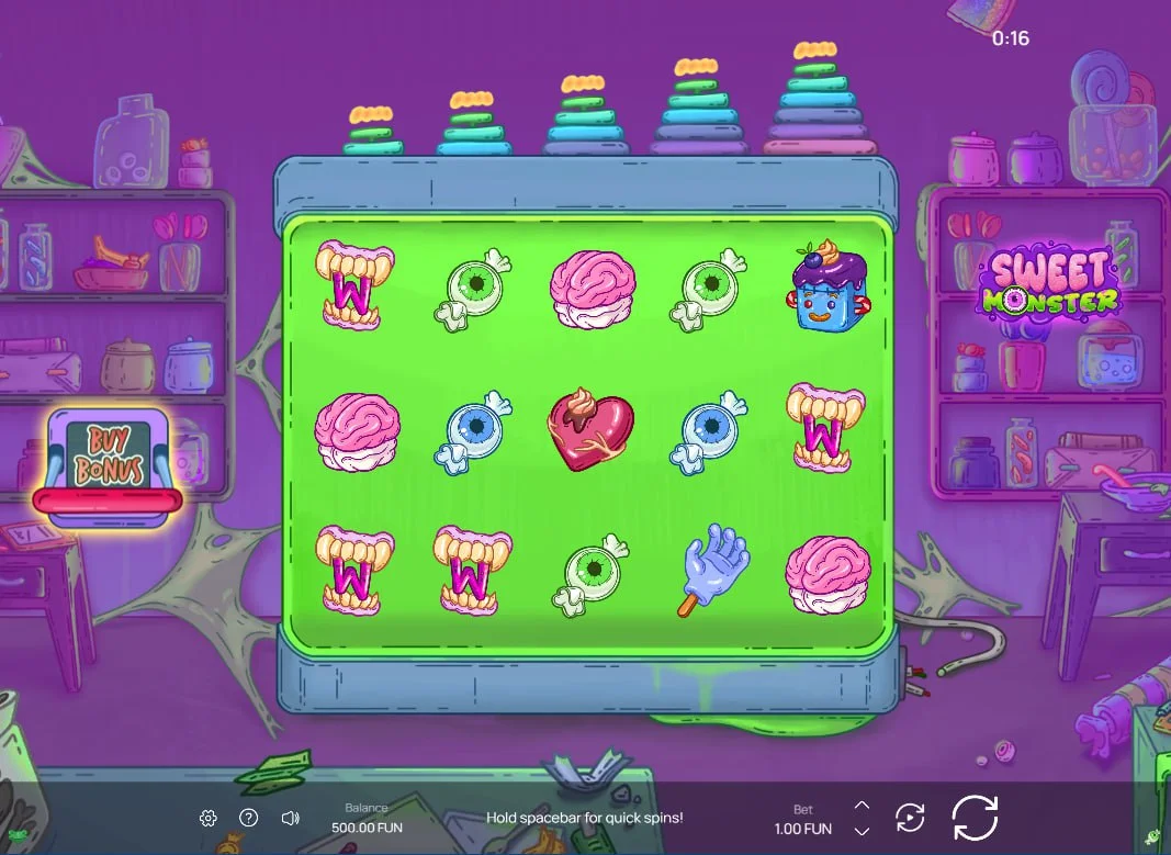 Sweet Monster slot main 5x3 game grid featuring mutated candy symbols in a laboratory setting which helps players identify the high-value icons.
