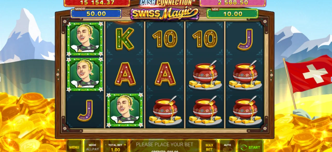 Main game screen of Cash Connection Swiss Magic slot showing the Alpine symbols and four progressive jackpot tiers above the reels.