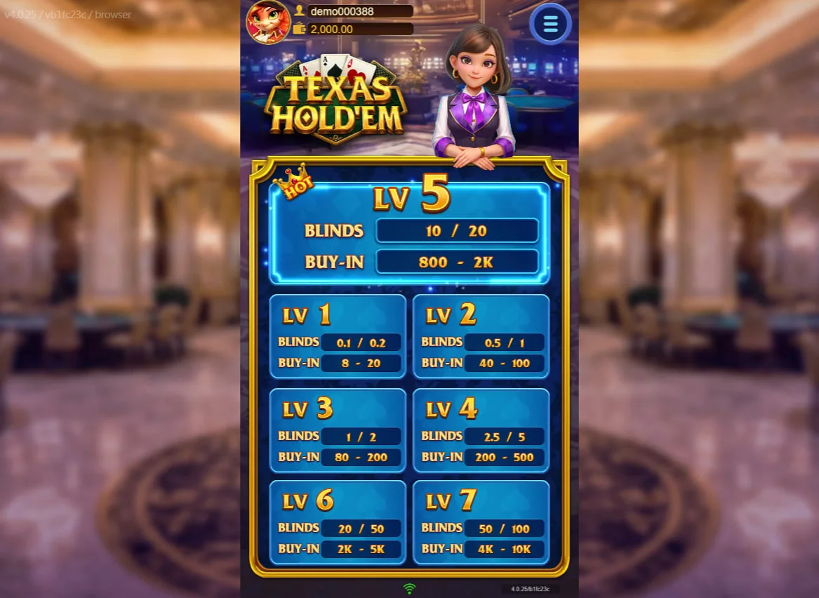 Interface showing seven different stake levels in Texas Hold'em by JDB Gaming, displaying blind sizes and buy-in ranges for player bankroll planning.