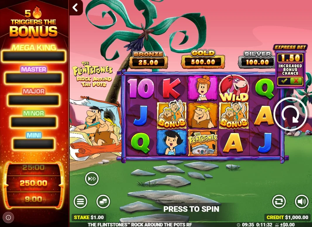 The Flintstones Rock Around The Pots main 5-reel grid showing Fred and Barney symbols and the Rapid Fire Jackpot ladder to the left.