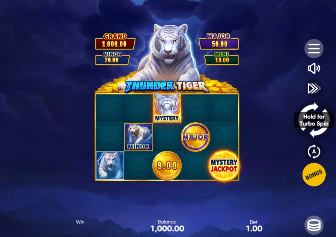 White tiger sitting above a 5x3 slot grid with jackpot values visible, showing the high-stakes atmosphere for players.