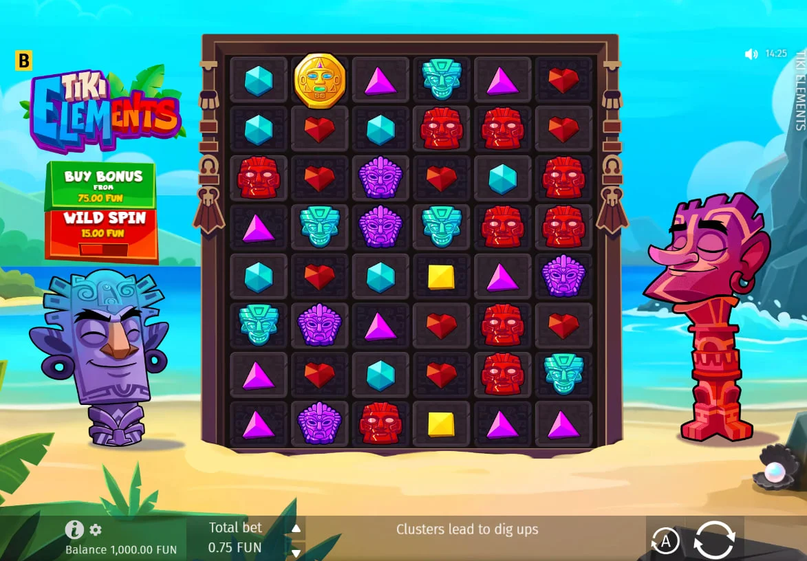 7x7 grid of Tiki Elements slot with colorful totem symbols and multiplier areas on a beach background.