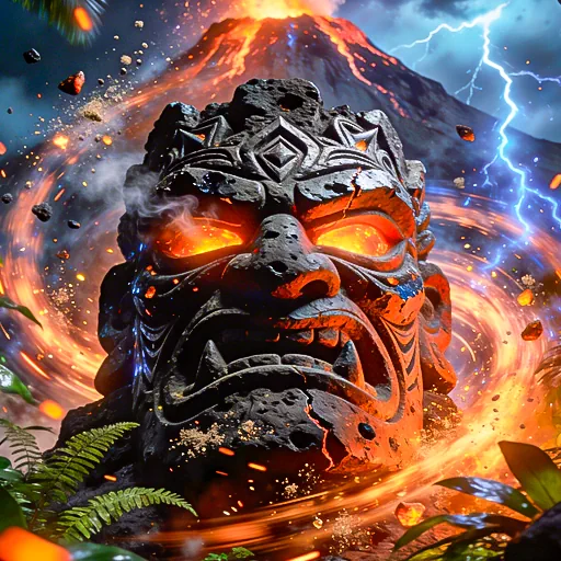 A glowing-eyed volcanic rock Tiki mask in a jungle, viewed from a low angle, demonstrating the mystical and powerful elements of Tiki-themed slot games.