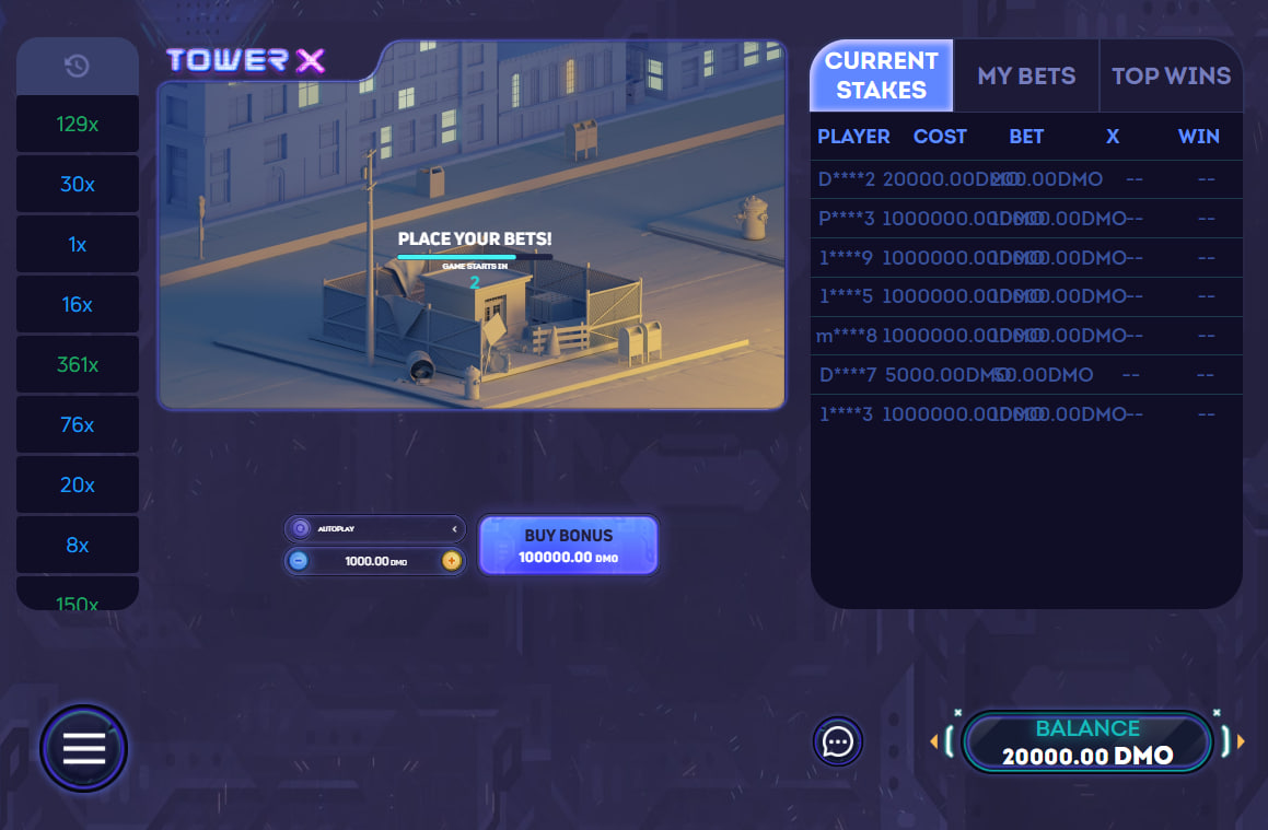 TowerX game interface showing the Suburb House construction stage and the betting panel for players to manage their stakes.