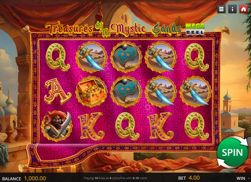 Treasures of the Mystic Sands main game grid showing the 5x3 layout and Arabian-themed symbols for player orientation.