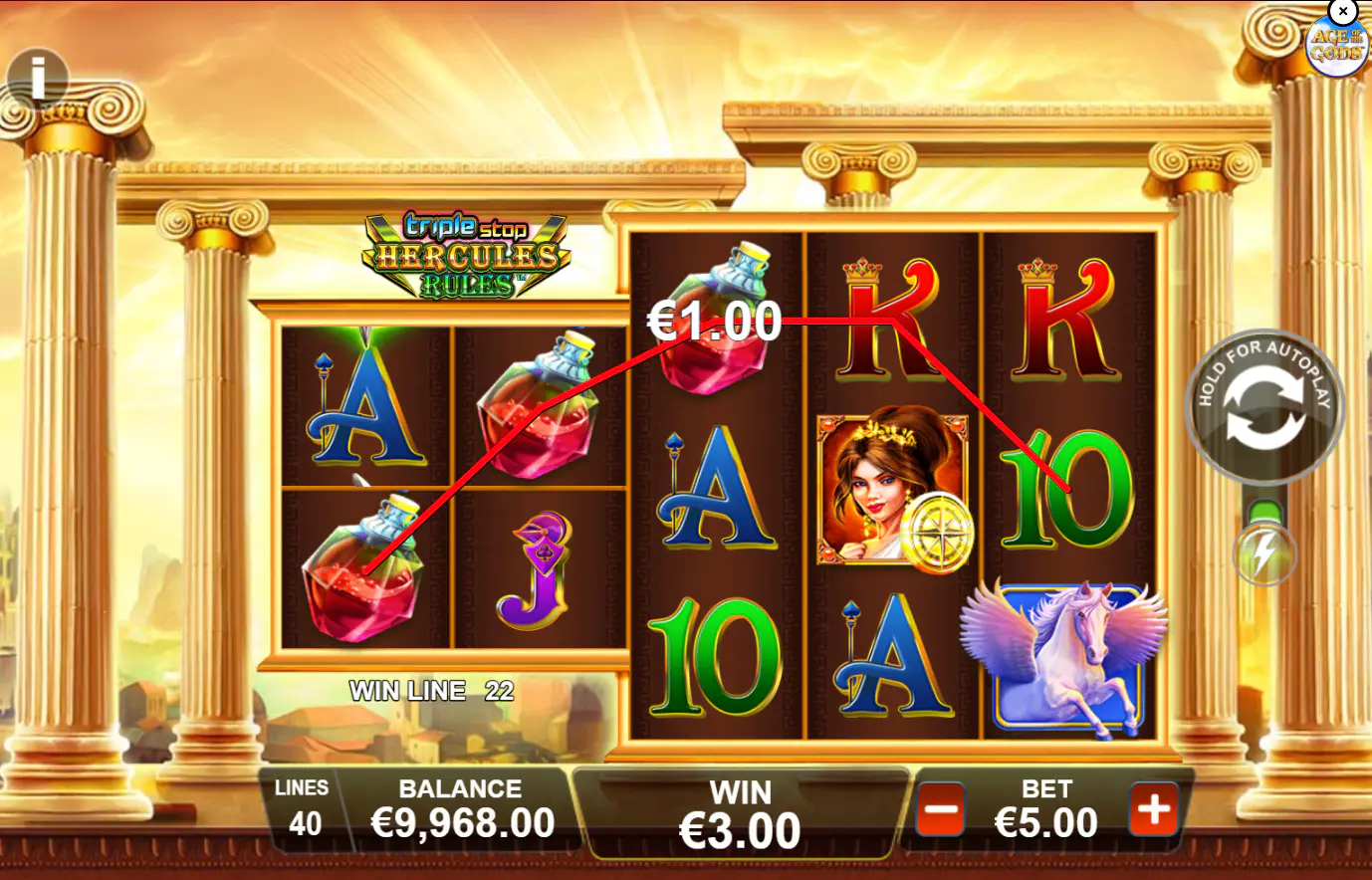 Triple Stop Hercules Rules gameplay screen showing a 40-line base game win at 5 euro bet