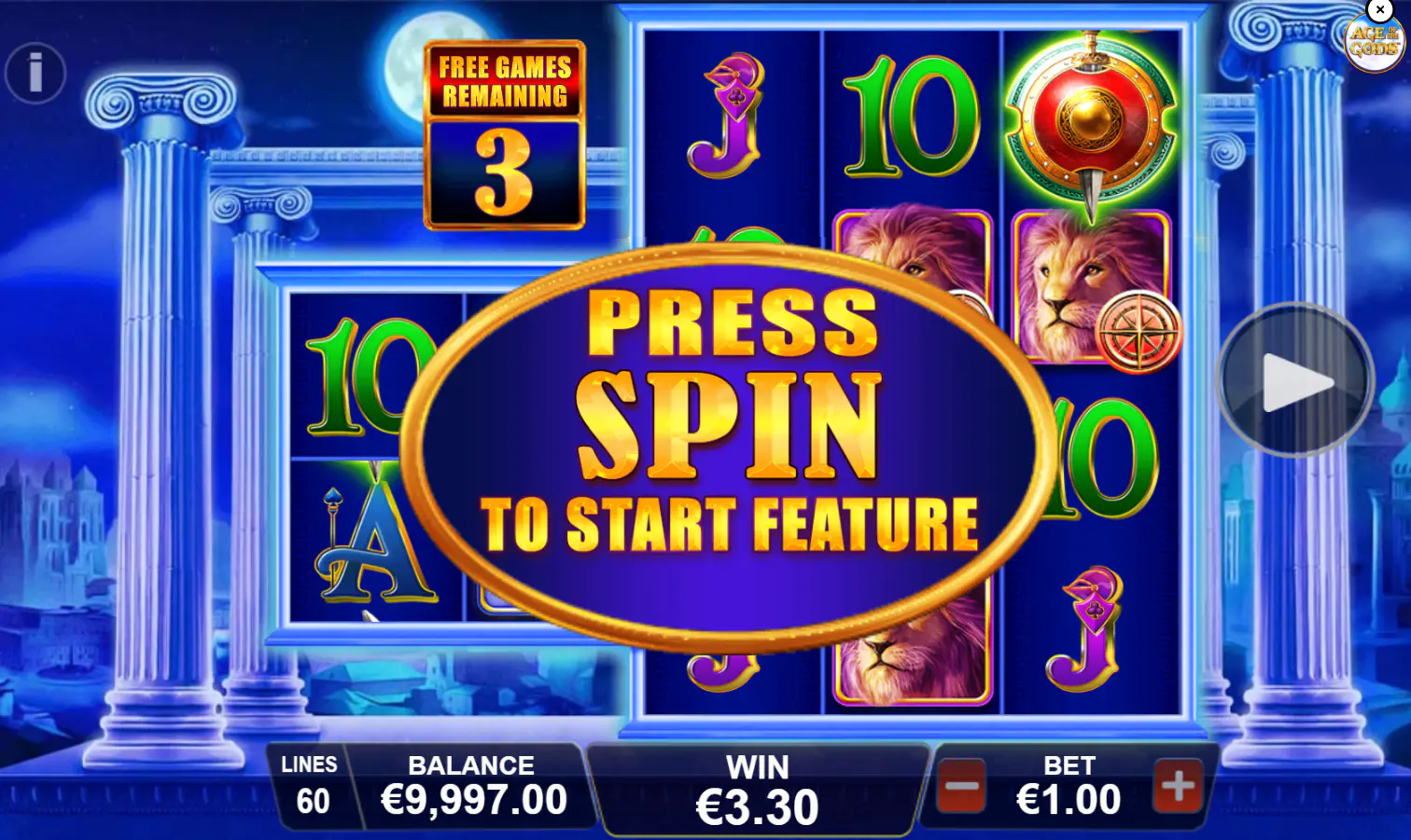Triple Stop Hercules Rules free games screen with 3 free games remaining and 3.30 euro win