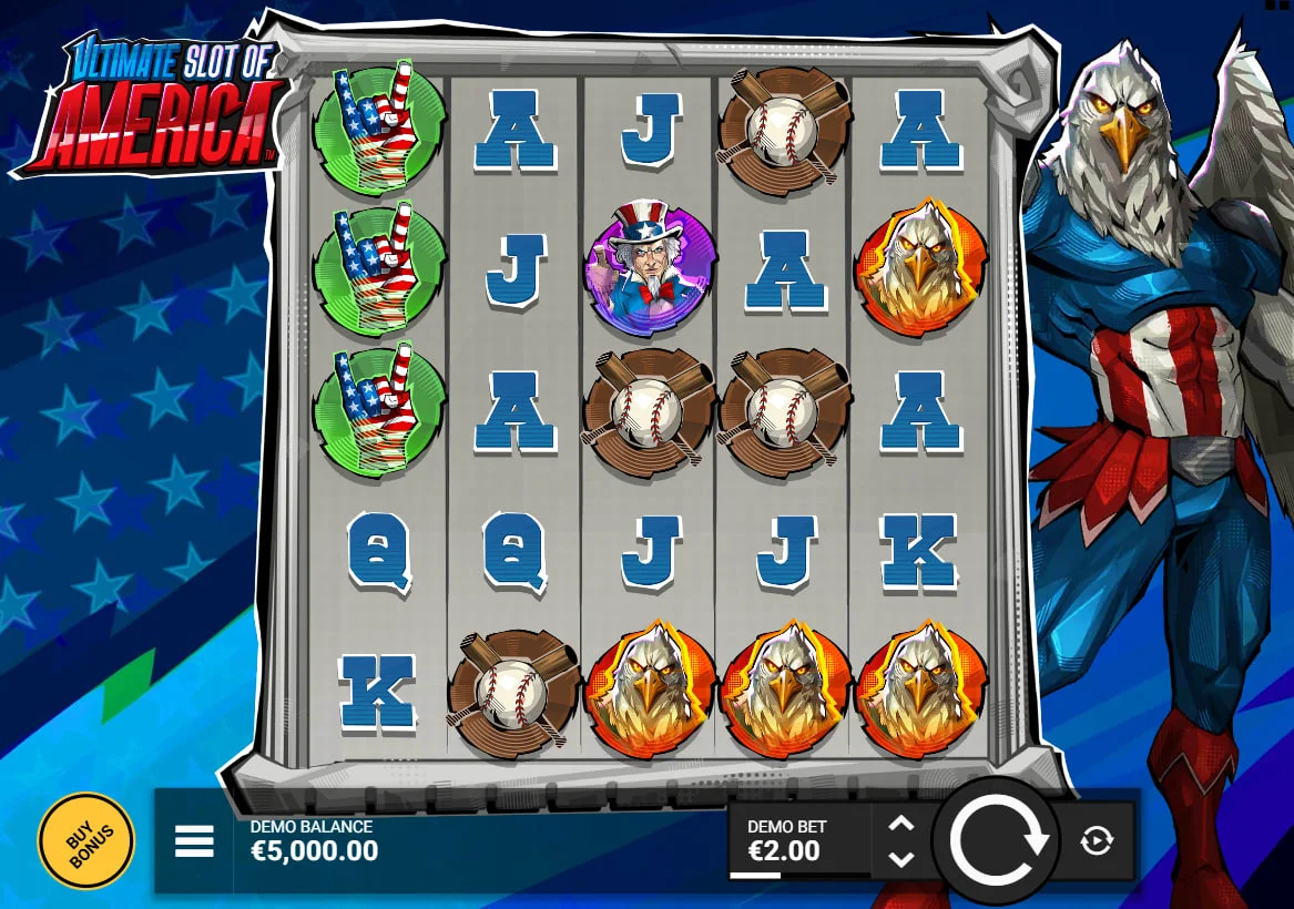 Main grid of Ultimate Slot of America showing a 5x5 reel layout with an eagle superhero mascot which sets the patriotic high-stakes theme for the player.