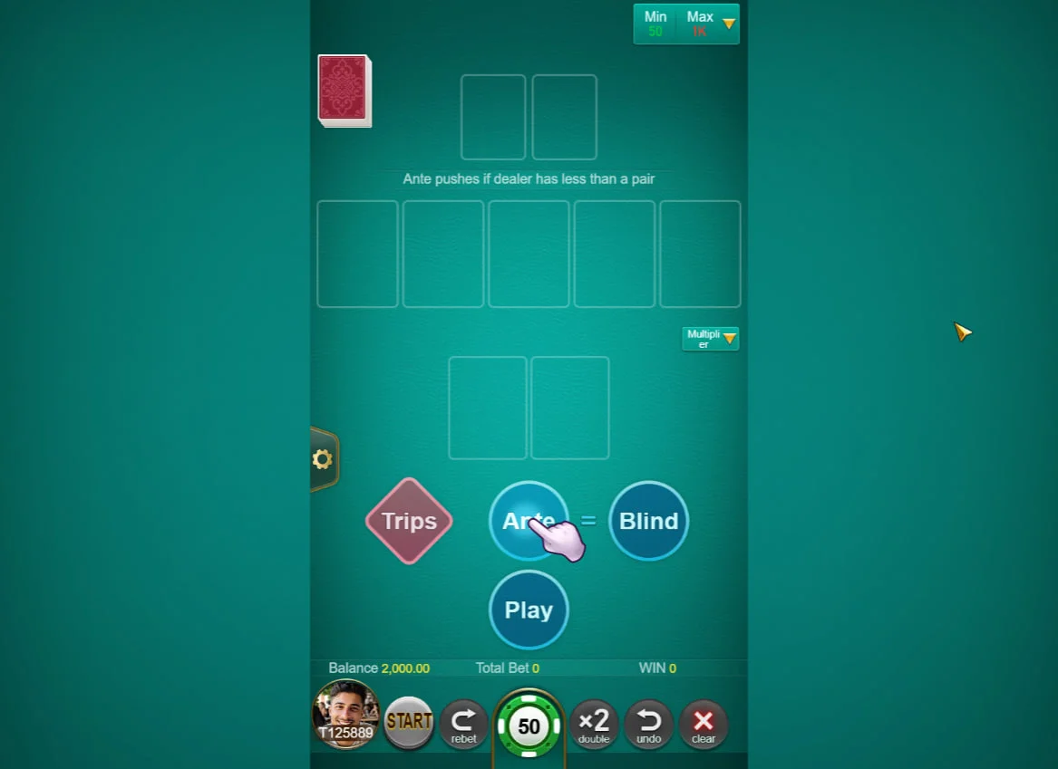 The main betting interface of Ultimate Texas Hold'em by TaDa Gaming showing the Ante and Blind betting circles on a green felt table.
