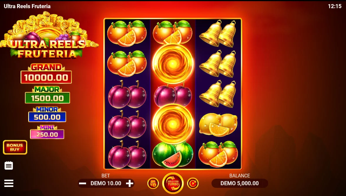 Main 3x3 grid of Ultra Reels Fruteria slot showing fruit symbols and four fixed jackpot values on the left for player reference.