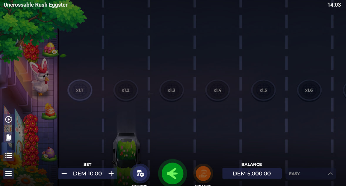 Uncrossable Rush Eggster start screen showing Eggwina the chicken at the roadside, illustrating the high-quality cartoonish 3D graphics and character design.