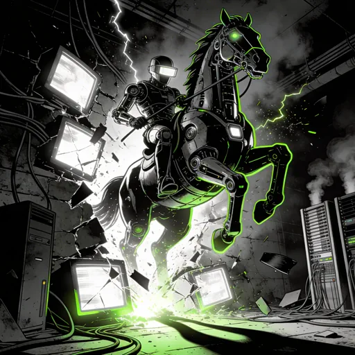Mechanical horse and robotic rider lunging from broken monitors, 80s sci-fi comic style, illustrating the synthetic and high-speed nature of Virtual Games