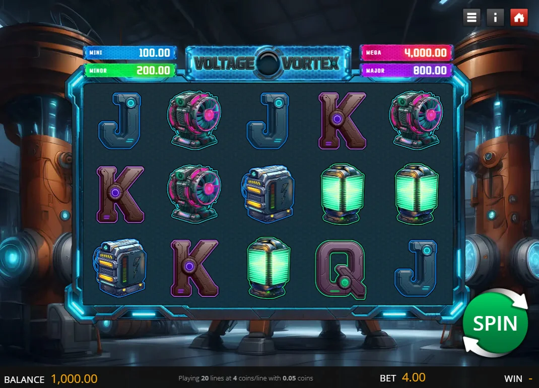 Main interface of Voltage Vortex slot showing 5x3 reels and fixed jackpot values for player reference.