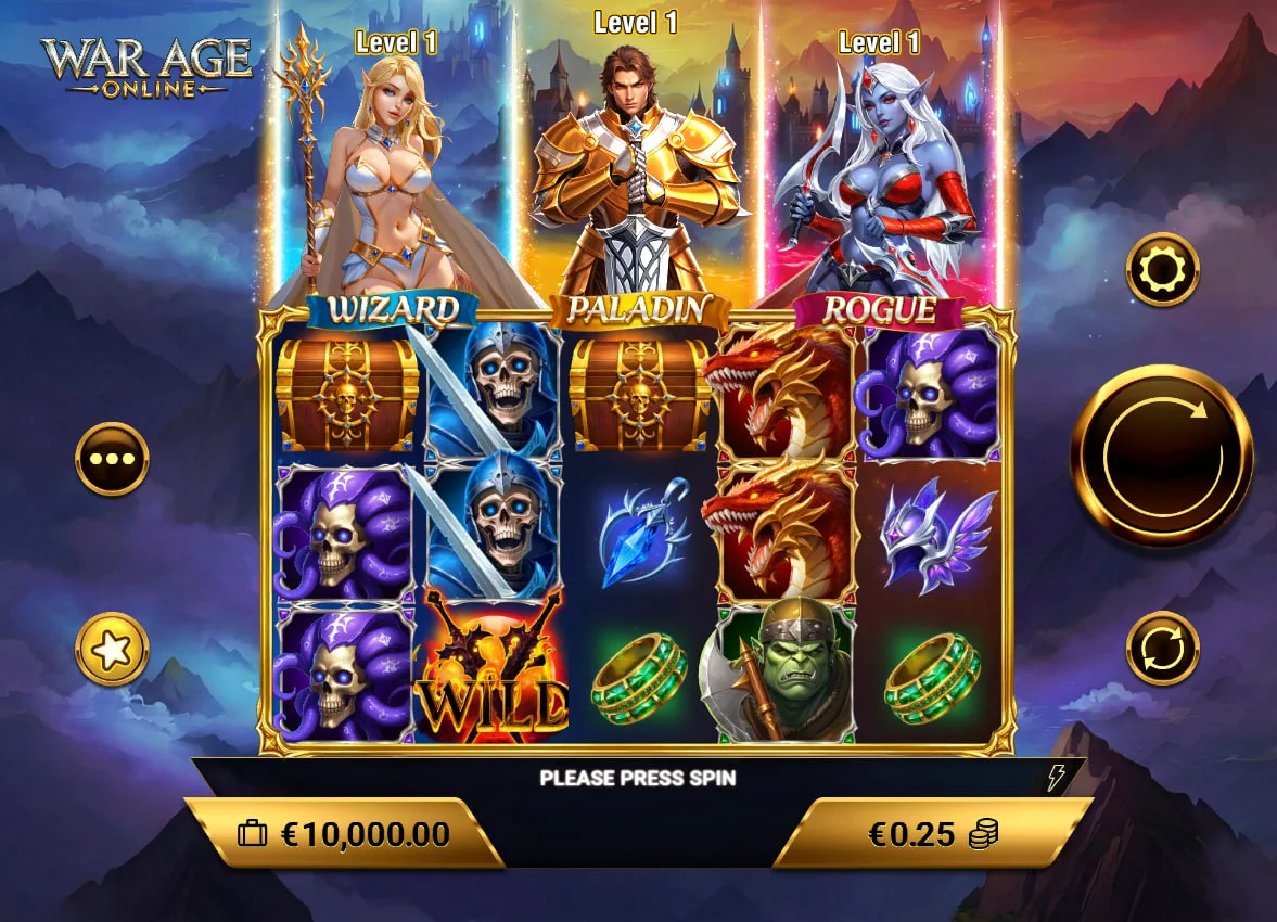 Main game interface of WarAge Online slot showing the Wizard, Paladin, and Rogue characters positioned above the 5x3 grid for bonus tracking.