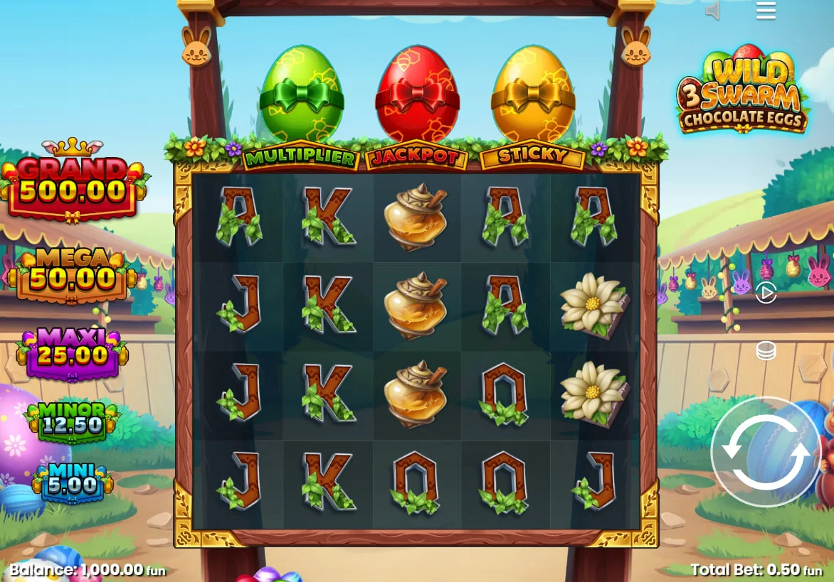 Main gameplay interface of Wild Swarm 3 Chocolate Eggs slot showing the 5x4 grid and five fixed jackpot tiers on a 0.50 bet.