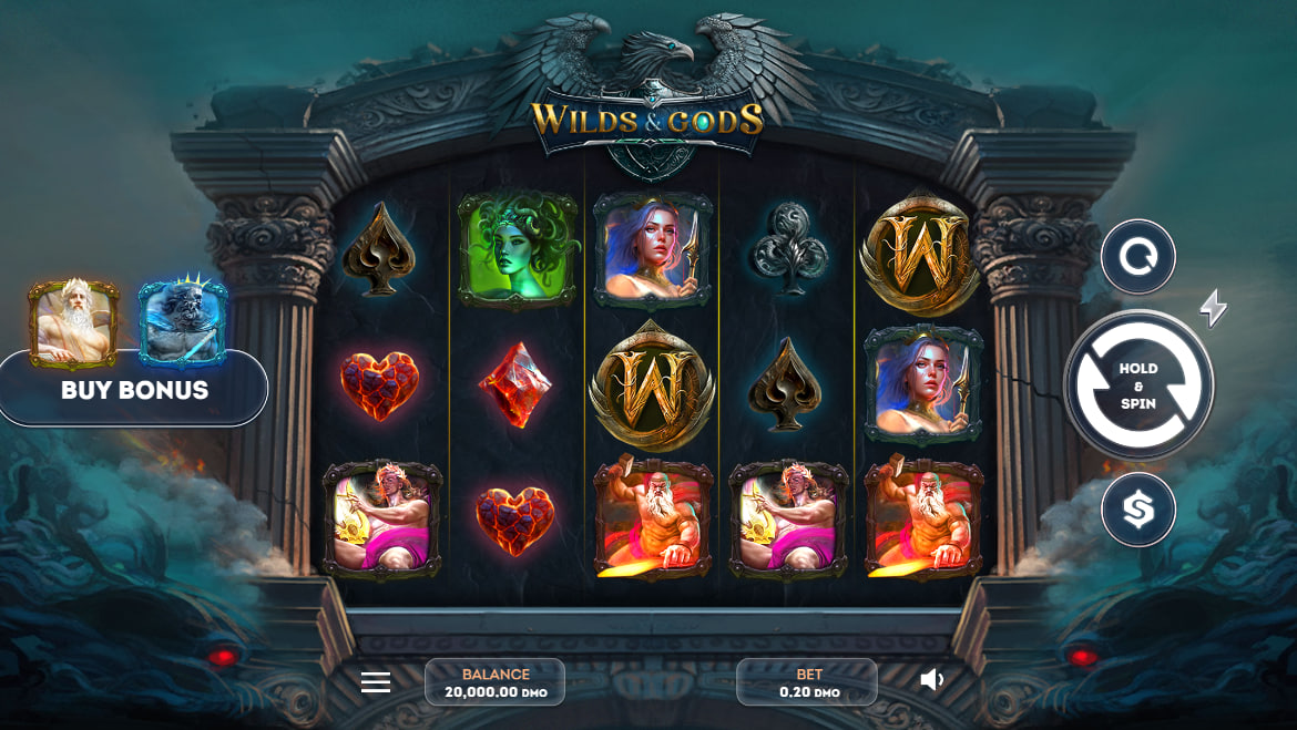 Wilds & Gods slot main gameplay interface showing the 5x3 grid and deity symbols for bankroll planning.