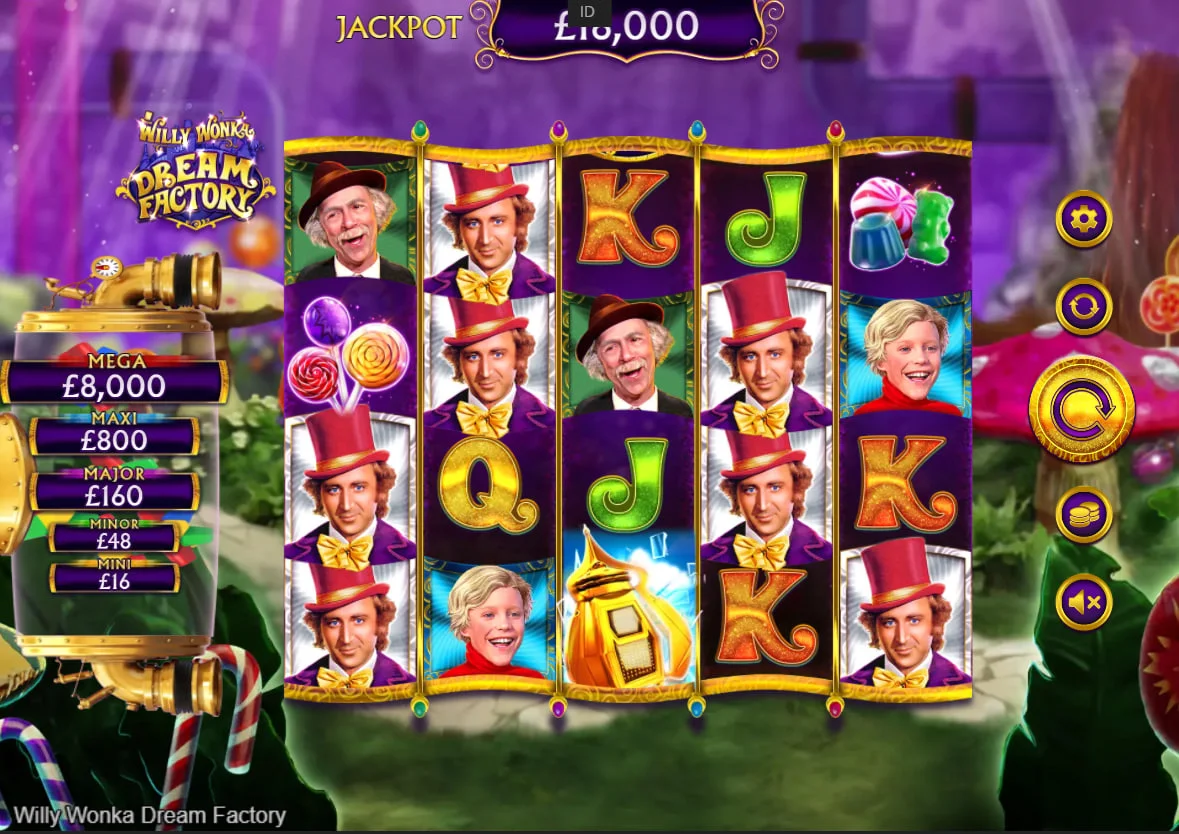 Willy Wonka Dream Factory slot main interface showing character symbols and the five-tier jackpot display on a purple background.