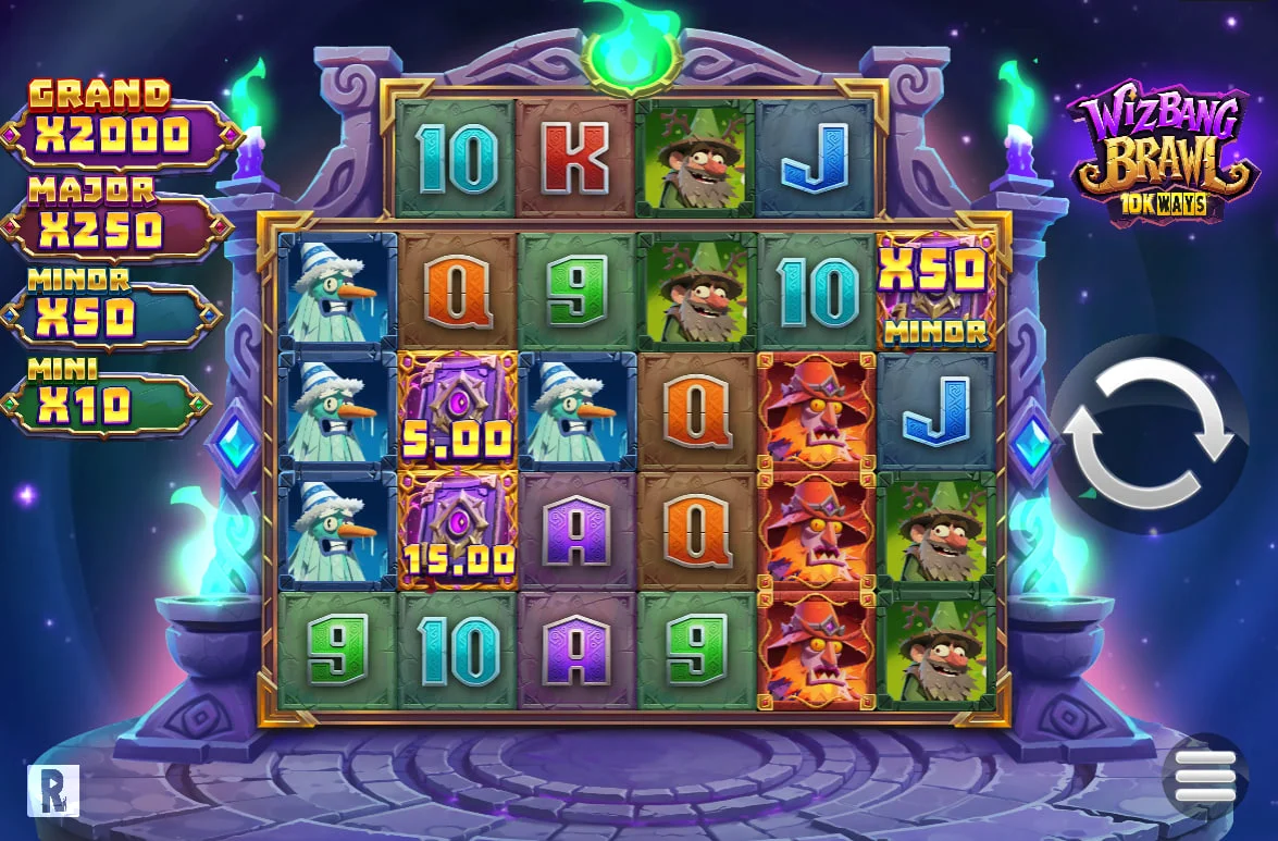 Main game interface of WizBang Brawl 10K Ways slot showing the 6-reel grid and top horizontal reel for tracking winning ways.