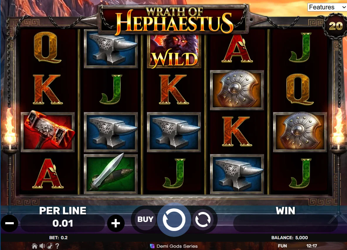 Full 5x3 reel set of Wrath of Hephaestus slot showing hammers and anvils which are key to landing high-value combinations.